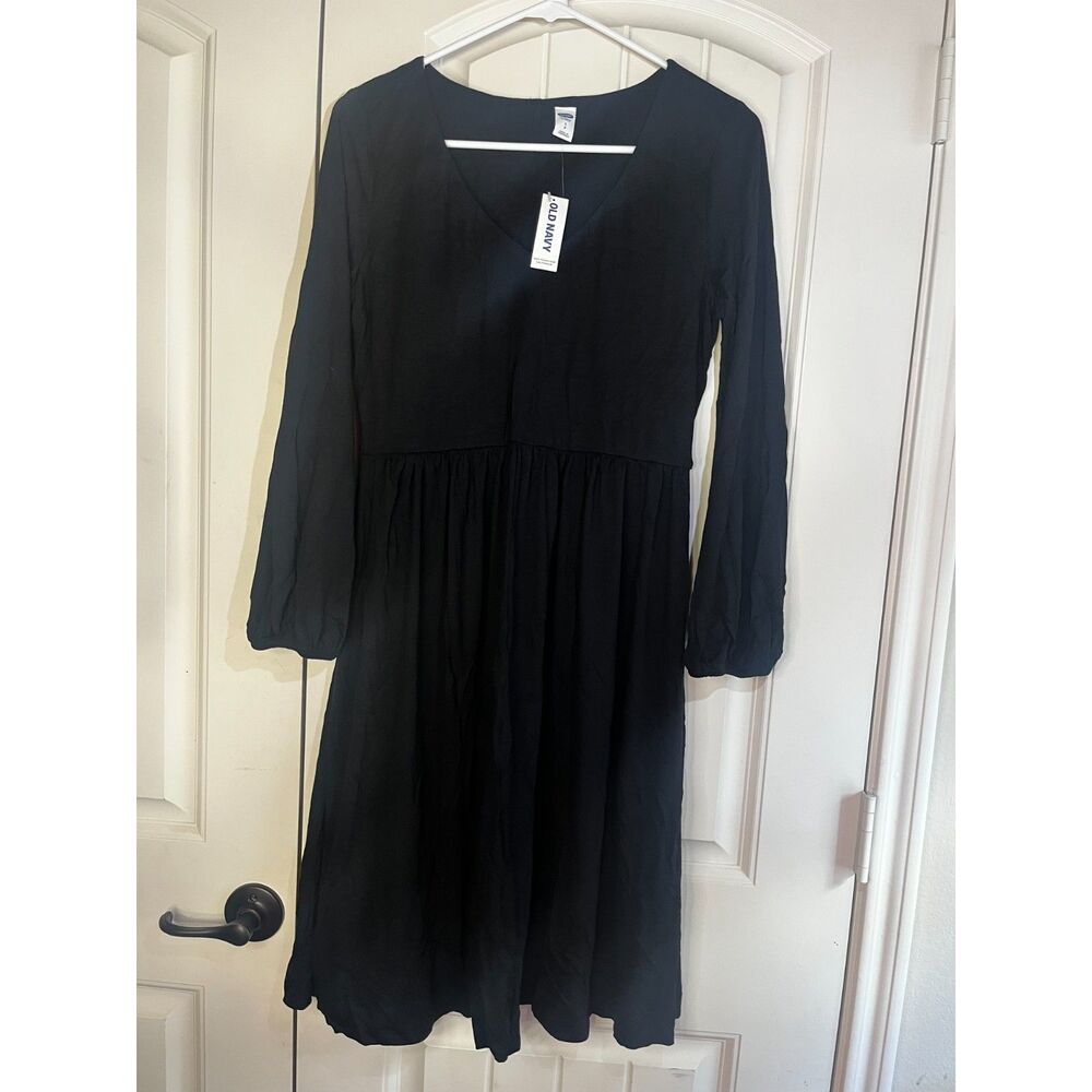 Old Navy Black Tiered Babydoll Dress Women's Small Long Sleeve V Neck NWT